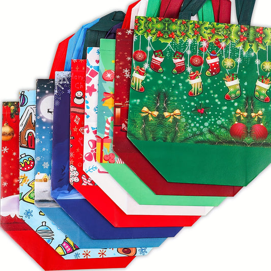 10pcs Large Christmas Gift Bags with Handles, Reusable Non-Woven Fabric Holiday Shopping Totes for New Year Xmas Party Decorations,