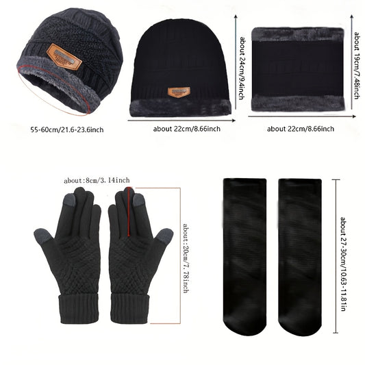 4pcs Set Men Winter Hat Scarf Gloves Socks Set Warm Women Beanie Hats Neck Warmer Non Slip Gloves