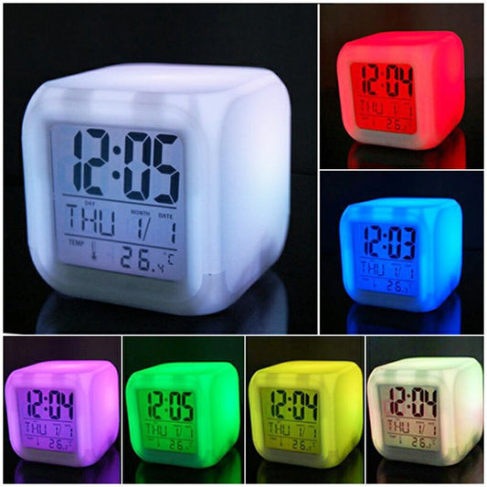 7 Colours Glowing LED Digital Silent Alarm Clock Cube with Date Day and Temperature Display