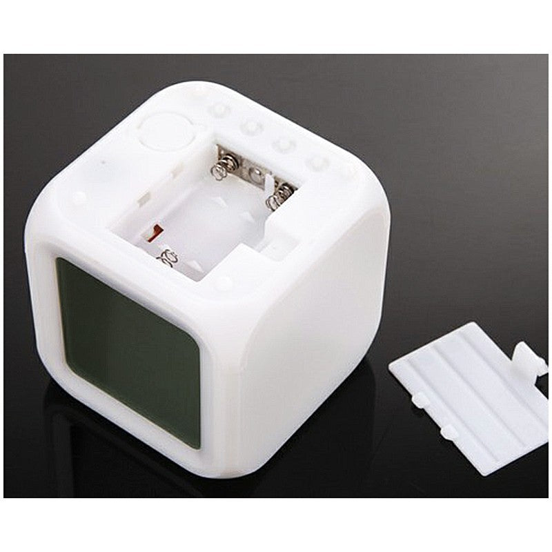 7 Colours Glowing LED Digital Silent Alarm Clock Cube with Date Day and Temperature Display