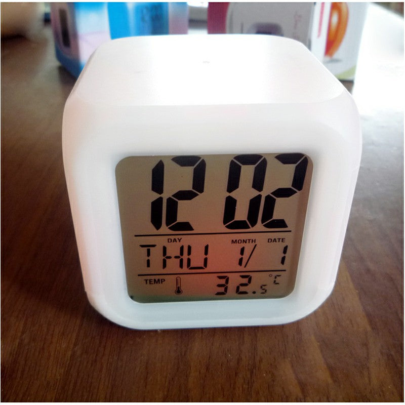 7 Colours Glowing LED Digital Silent Alarm Clock Cube with Date Day and Temperature Display