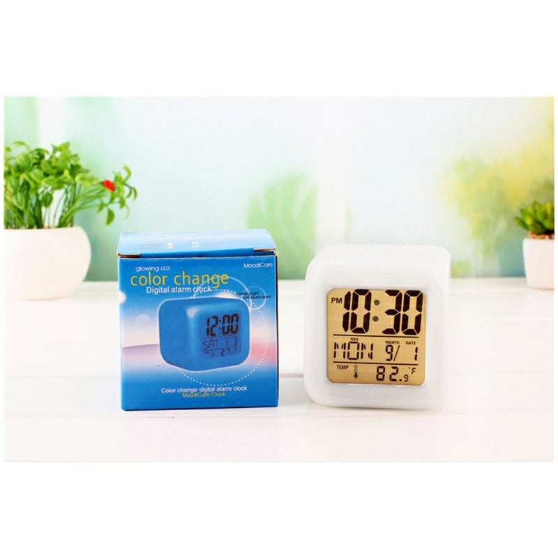 7 Colours Glowing LED Digital Silent Alarm Clock Cube with Date Day and Temperature Display