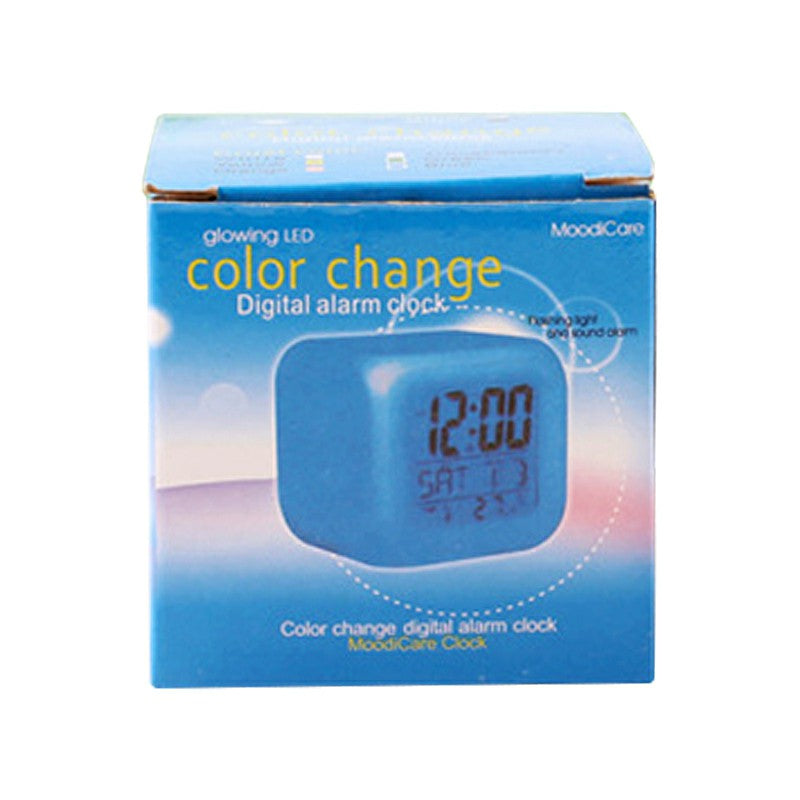 7 Colours Glowing LED Digital Silent Alarm Clock Cube with Date Day and Temperature Display