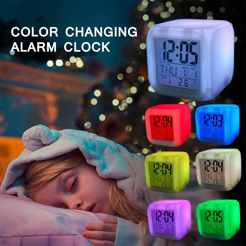 7 Colours Glowing LED Digital Silent Alarm Clock Cube with Date Day and Temperature Display