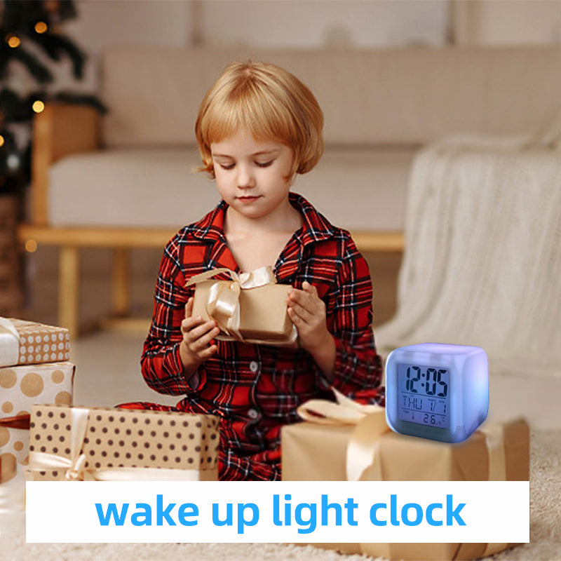 7 Colours Glowing LED Digital Silent Alarm Clock Cube with Date Day and Temperature Display