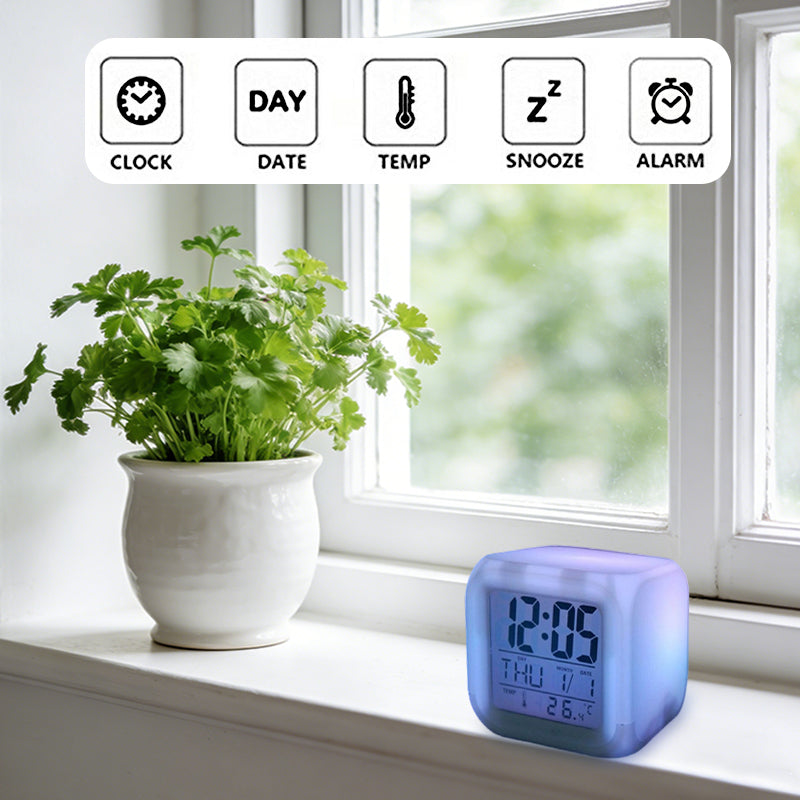 7 Colours Glowing LED Digital Silent Alarm Clock Cube with Date Day and Temperature Display