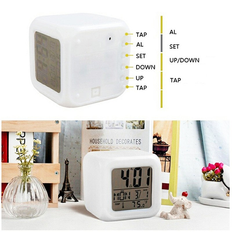 7 Colours Glowing LED Digital Silent Alarm Clock Cube with Date Day and Temperature Display