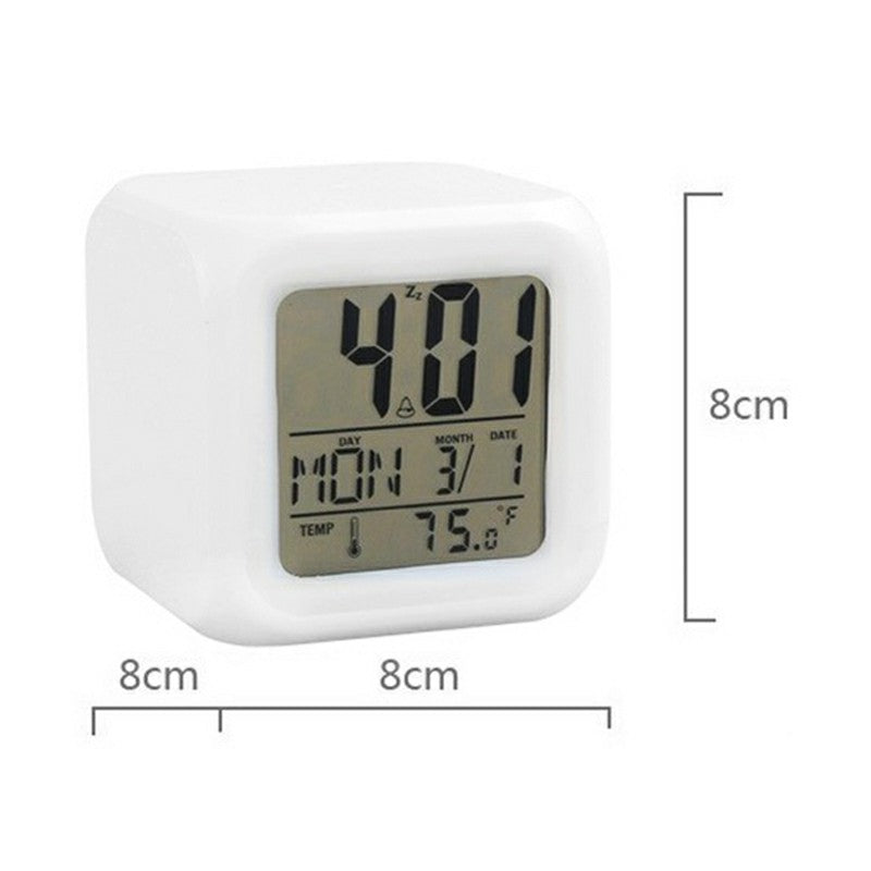 7 Colours Glowing LED Digital Silent Alarm Clock Cube with Date Day and Temperature Display