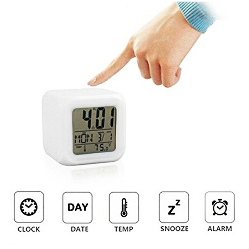 7 Colours Glowing LED Digital Silent Alarm Clock Cube with Date Day and Temperature Display