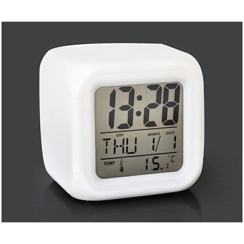 7 Colours Glowing LED Digital Silent Alarm Clock Cube with Date Day and Temperature Display