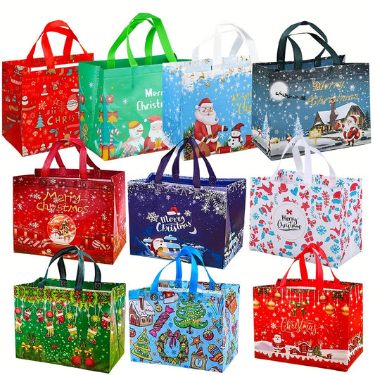 10pcs Large Christmas Gift Bags with Handles, Reusable Non-Woven Fabric Holiday Shopping Totes for New Year Xmas Party Decorations,