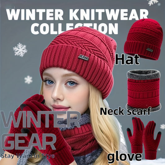 3pcs Women's Winter Warmth Set - Full Face & Neck Coverage Thermal Outfit with Hat, Neck Warmer & Gloves - Open/Closeable Design, Fleece Lining & Ribbed Texture - Skiing, Cycling, Outdoor Activities - Hand Washable - Black/Gr